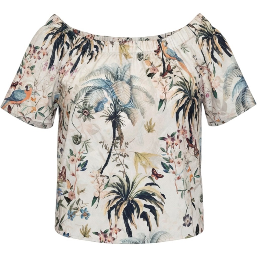 HM Womens Tropical Palm Botanical Bird Print Off Shoulder Blouse Cream Size 10